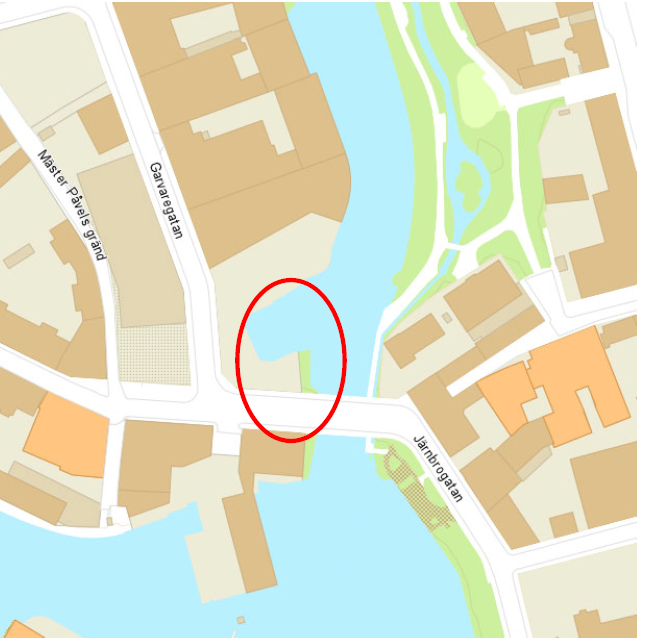 Kartan visar var kvarteret Kroken ligger - intill Gamlebro. 