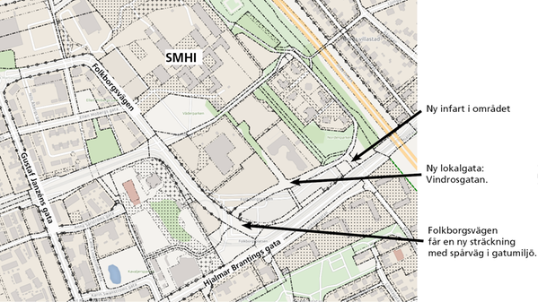 Karta över Sandtorp etapp 3 med information om ny infart, ny lokalgata och ny sträckning av Folkborgsvägen