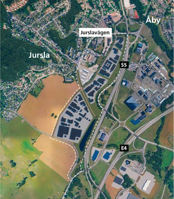 Översiktskarta över Jursla och det område som den nya detaljplanen berör.