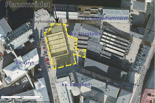 Bilden visar ett flygfoto planområdet och omgivande kvarter