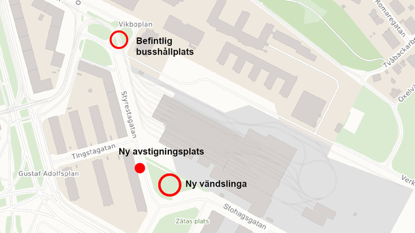 kartbild med befintlig busshållplats och var ny bussvändplats ligger