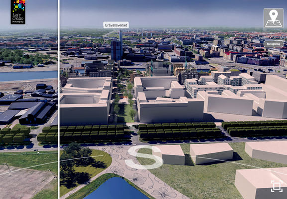 Stadslandskap i visualisering med vita block för byggnader. I bilden nedre kant syns en grön trädallé.