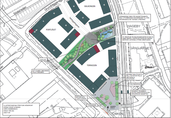 Kartbild på Söderport där en ny park och ett nytt torg ska anläggas