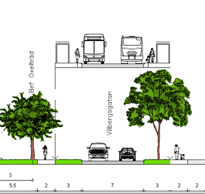 Tecknad skiss över hur gräs och träd placeras i förhållande till gång- och cykelbanor samt köryta för biltrafik.