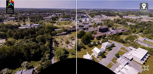 Bild av Sandtorp från ovan där ena halvan visar nuläget och den andra visar en framtidsbild.
