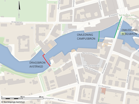 Kartbild över kanalen där Dragsbron är avstängd